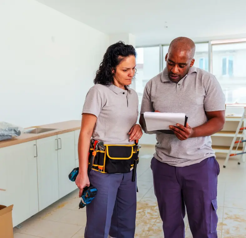 Two construction workers reviewing plans in kitchen
