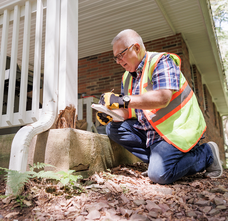 Inspector examining wooden porch post