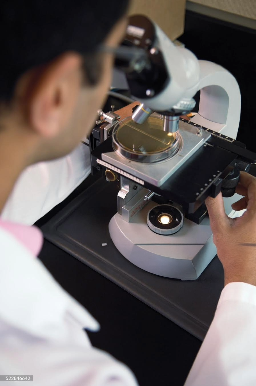 Scientist examining sample under microscope in lab